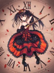 Rule 34 | 1girl, absurdres, armpits, asymmetrical hair, bad id, bad pixiv id, black hair, black sleeves, boots, bow, choker, circle skirt, clock, clock eyes, collarbone, cross-laced footwear, date a live, detached sleeves, dual wielding, female focus, formal, frilled bow, frilled skirt, frills, from above, full body, gothic lolita, gun, hair ribbon, hairband, heterochromia, highres, holding, holding gun, holding weapon, huge filesize, lace-up boots, lolita fashion, lolita hairband, long hair, long skirt, looking at viewer, lying, naingnaing, on back, petals, platform boots, platform footwear, print skirt, red eyes, red ribbon, red skirt, ribbon, rifle, rose petals, skirt, skirt suit, sleeveless, solo, suit, symbol-shaped pupils, tokisaki kurumi, twintails, very long hair, weapon, yellow eyes
