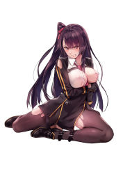 Rule 34 | &gt;:(, 1girl, angry, between breasts, black footwear, black gloves, black pantyhose, blush, breasts, buttons, clenched teeth, collared shirt, covered erect nipples, double-breasted, dress shirt, frown, full body, girls&#039; frontline, glaring, gloves, highres, kneeling, large breasts, long hair, looking at viewer, military, military uniform, necktie, necktie between breasts, one side up, pantyhose, purple eyes, purple hair, purple necktie, rainmaker, shirt, shoes, simple background, solo, tears, teeth, thighs, torn clothes, torn pantyhose, torn shirt, tsurime, uniform, v-shaped eyebrows, very long hair, wa2000 (girls&#039; frontline), white background, white shirt