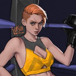 Rule 34 | 1girl, artist name, asymmetrical hair, black gloves, boxing gloves, boxing ring, breasts, cleavage, cleavage cutout, clothing cutout, commentary, english commentary, finka (rainbow six siege), gloves, lips, looking at viewer, medium breasts, orange hair, rainbow six siege, scar, short hair, sitting, solo, sports bra, suisui again, twitter username, undercut