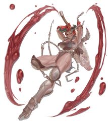 Rule 34 | 1girl, absurdres, armor, armpits, arms up, black sclera, blood, bloody weapon, brown leotard, chain, colored sclera, dual wielding, gloves, greaves, highres, holding, holding sickle, holding sword, holding weapon, hook, horns, huge filesize, leotard, monster frog, monster girl, muscular, orange eyes, original, red gloves, red hair, scar, scratches, sharp teeth, short hair, sickle, skull, slit pupils, smile, solo, sword, teeth, torn clothes, transparent background, weapon, white bag