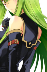 Rule 34 | 00s, 1girl, bare shoulders, c.c., chibi, code geass, creayus, detached sleeves, female focus, green hair, lowres, simple background, solo, white background, yellow eyes, zero (code geass)