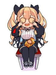 Rule 34 | 1girl, black bow, black footwear, black jacket, black skirt, black thighhighs, blonde hair, bow, breasts, chibi, cookie, covering own eyes, facing viewer, fangs, food, food on face, full body, hair bow, hands up, highres, holding, holding food, jacket, long hair, long sleeves, medium breasts, mota, on chair, open mouth, original, shirt, shoes, simple background, sitting, skirt, smile, solo, striped clothes, striped shirt, thighhighs, two side up, white background, white shirt