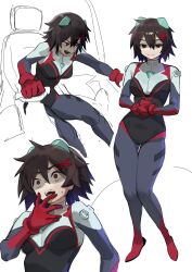 Rule 34 | 1girl, absurdres, alternate costume, black hair, bodysuit, breasts, closed mouth, cockpit, commentary, cosplay, full body, gluteal fold, hair ornament, highres, interface headset, looking at viewer, marvel, medium breasts, multicolored bodysuit, multicolored clothes, multiple views, nagisa kaworu, nagisa kaworu (cosplay), neon genesis evangelion, nia (nia4294), peni parker, pilot suit, piloting, plugsuit, red eyes, science fiction, short hair, simple background, sitting, skin tight, spider-man: across the spider-verse, spider-man (series), spider-verse, standing, sweat, thigh gap, wide hips, x hair ornament
