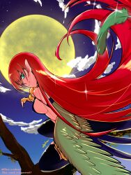 Rule 34 | 1girl, artist name, bare shoulders, breasts, claws, colour-disaster, commentary request, duel monster, feathered wings, feathers, full moon, green eyes, green feathers, green wings, harpie lady, harpie lady 1, harpy, highres, large breasts, long hair, looking at viewer, monster girl, moon, night, night sky, pointy ears, red hair, sideboob, sky, solo, very long hair, winged arms, wings, yu-gi-oh!
