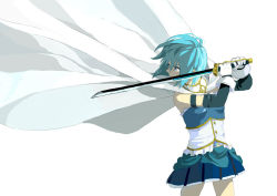 Rule 34 | 1girl, arms up, bare shoulders, blue eyes, blue hair, blue skirt, breasts, cape, closed mouth, clothes lift, cowboy shot, detached sleeves, eyes visible through hair, facing away, fighting stance, floating hair, frills, gloves, holding, holding sword, holding weapon, legs apart, looking away, mahou shoujo madoka magica, mahou shoujo madoka magica (anime), mijingiriri, miki sayaka, pleated skirt, serious, shaded face, short hair, simple background, skirt, small breasts, solo, soul gem, strapless, sword, thighs, underboob, v-shaped eyebrows, weapon, white background, white cape, white gloves