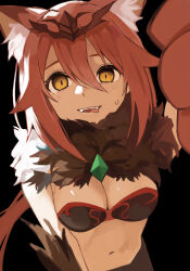 1girl absurdres aira_(princess_connect!) animal_ear_fluff animal_ears armor bikini_armor breasts brown_hair headpiece highres licking_lips princess_connect! simple_background solo tongue tongue_out tyaui_(xjju4435) yellow_eyes