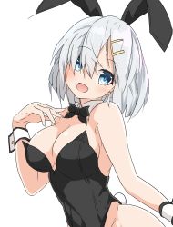 Rule 34 | 1girl, :d, absurdres, alternate costume, blue eyes, blush, bow, bowtie, breasts, commentary request, detached collar, hair ornament, hair over one eye, hairclip, halkawa501, hamakaze (kancolle), hand on own chest, highres, kantai collection, large breasts, leotard, open mouth, playboy bunny, short hair, silver hair, simple background, smile, solo, transparent background, upper body, white background, wrist cuffs
