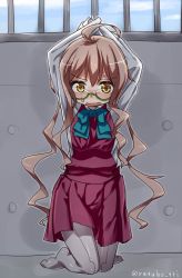 Rule 34 | 10s, 1girl, against wall, ahoge, arms up, blue bow, blue bowtie, blue sky, blush, bow, bowtie, brown eyes, brown hair, full body, glasses, green-framed eyewear, kantai collection, kneeling, long hair, long sleeves, looking at viewer, makigumo (kancolle), open mouth, pantyhose, red skirt, restrained, rutsubo, semi-rimless eyewear, shirt, skirt, sky, solo, under-rim eyewear, vest, white shirt