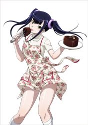 Rule 34 | 00s, 1girl, apron, black hair, candy, chocolate, chocolate heart, female focus, food, hair ornament, happy, heart, holding, ikkitousen, kneehighs, licking, long hair, looking at viewer, official art, saji genpou (true), simple background, smile, socks, solo, tongue, tongue out, twintails, white background, white socks, yellow eyes