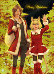 Rule 34 | 00s, 1boy, 1girl, animal ears, aqua eyes, black pantyhose, blonde hair, boots, brown hair, christmas, christmas tree, cross, fang, final fantasy, final fantasy xi, gloves, green eyes, hairband, hand in pocket, highres, holly, jewelry, looking at viewer, merry christmas, mithra (ff11), necklace, open mouth, pantyhose, pointy ears, sack, santa boots, santa costume, short hair, tail, takatsuki kahiro, thigh boots, thighhighs, waving