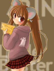 Rule 34 | 1girl, animal ears, blush, brown background, brown hair, cheese, copyright name, cowboy shot, food, holding, holding food, hood, hood down, hoodie, little busters!, long hair, long sleeves, looking back, mouse ears, mouse girl, mouse tail, natsume rin, plaid, plaid skirt, pleated skirt, ponytail, red eyes, ryuuga nanamaru, skirt, solo, tail, very long hair