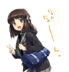 Rule 34 | 1girl, bag, black coat, black eyes, black hair, braid, buttons, coat, denchuubou, french braid, hair ribbon, leaning forward, looking at viewer, medium hair, miniskirt, open mouth, original, plaid, plaid scarf, pleated skirt, ribbon, scarf, school bag, simple background, skirt, smile, solo, standing, tareme, upper body, v, white background, wide-eyed