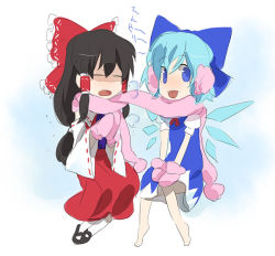 Rule 34 | 2girls, :p, barefoot, cirno, female focus, hakurei reimu, kazune (baumkuchen), mittens, multiple girls, perfect cherry blossom, scarf, shared clothes, shared scarf, tongue, tongue out, touhou