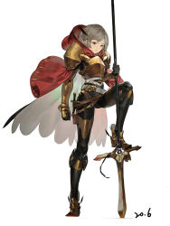 Rule 34 | 1girl, armor, belt, boots, breastplate, cape, dated, geolim, gloves, grey hair, holding, holding spear, holding weapon, knife, original, pauldrons, polearm, pouch, red eyes, shoulder armor, simple background, solo, spear, standing, stepping, weapon, white background