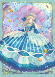 Rule 34 | 1girl, absurdres, air bubble, aqua border, aqua nails, blonde hair, blue dress, bonnet, border, bubble, castle, closed mouth, clownfish, dress, fish, frilled dress, frills, full body, gown, highres, holding, holding umbrella, jewelry, long hair, looking to the side, necklace, ocean, original, outside border, parasol, pearl necklace, pink eyes, pink ribbon, ribbon, rubbing eyes, sangatsu (mitsuki358), seashell print, shell, shell necklace, sleeves past elbows, solo, striped clothes, striped dress, swept bangs, tropical fish, umbrella, underwater, vertical-striped clothes, vertical-striped dress, wavy hair, wide sleeves, wrist cuffs