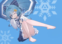 1girl ahoge bare_legs barefoot blue_background blue_bow blue_eyes blue_hair blue_ribbon blue_skirt blue_umbrella bow cirno closed_mouth commentary_request dutch_angle feet flower frilled_skirt frills full_body hair_between_eyes hair_bow hair_flower hair_ornament holding holding_umbrella horizontal-striped_bow knees_together_feet_apart long_sleeves looking_at_viewer neck_ribbon one_eye_closed ribbon sailor_collar school_uniform serafuku shoes short_hair sitting siyumu skirt solo tongue tongue_out touhou umbrella white_sailor_collar white_serafuku