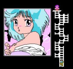 Rule 34 | 1boy, 2girls, black background, blue footwear, blue hair, blush, breasts, bubble background, climbing ladder, flower, green pants, green shirt, grey eyes, hair flower, hair ornament, hand on own breast, jacket, ladder, large breasts, long sleeves, looking at viewer, lowres, mimi (sailor fuku bishoujo zukan), multiple girls, nipple rub, nipple stimulation, nipples, off shoulder, open clothes, open mouth, open shirt, pants, pink background, pink jacket, pixel art, purple hair, purple shirt, red skirt, sailor fuku bishoujo zukan, sailor fuku bishoujo zukan vol. 5, shirt, shoes, short hair, skirt, sleeveless, sleeveless jacket, standing, two-tone background, upper body, white shirt