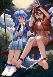 Rule 34 | 2girls, absurdres, ahoge, alternate costume, animal ears, barefoot, blue hair, bridal gauntlets, brown hair, chinese clothes, cloud, cloudy sky, commentary request, fake animal ears, full body, full moon, ganyu (genshin impact), genshin impact, hair between eyes, hairband, hanfu, highres, horns, hu tao (genshin impact), knees together feet apart, long hair, long sleeves, looking at another, looking at viewer, moon, mooncake, mouth hold, multiple girls, night, night sky, on bench, purple eyes, rabbit ears, rabbit pose, red eyes, short sleeves, sidelocks, sitting, sky, skym (kumei), soles, symbol-shaped pupils, twintails