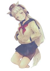 Rule 34 | 1girl, alternate costume, animal ears, blue sailor collar, blue skirt, blush, bridle, brown hat, cropped legs, gold ship (umamusume), grin, hands in pockets, hat, highres, horse ears, horse girl, horse tail, long hair, looking at viewer, neckerchief, oyu (oigatsu o), pleated skirt, red eyes, red neckerchief, sailor collar, school uniform, serafuku, silver hair, simple background, skirt, smile, solo, tail, umamusume, very long hair, white background