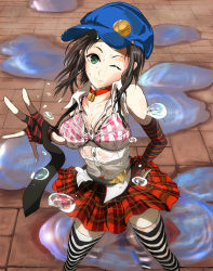 Rule 34 | animal collar, belt, black hair, bra, breasts, cleavage, collar, fingerless gloves, gloves, green eyes, marie (persona 4), one eye closed, open collar, persona, persona 4, persona 4 the golden, plaid, plaid skirt, puddle, see-through, skirt, sleeveless, striped bra, striped clothes, striped gloves, striped legwear, underwear, water, wet, wet clothes, wink