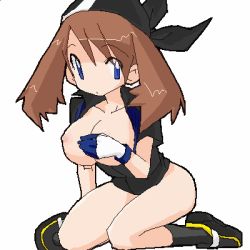 Rule 34 | 1girl, alternate breast size, alternate color, bandana, blue eyes, bottomless, breasts, breasts out, brown hair, covering privates, covering breasts, creatures (company), fingerless gloves, game freak, gloves, hat, kneeling, large breasts, long hair, lowres, may (pokemon), nintendo, nipples, oekaki, open clothes, open shirt, pokemon, shirt, simple background, solo, white background