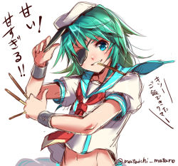 Rule 34 | &gt;:), 10s, 1girl, commentary request, eyepatch, food, green eyes, green hair, hand on headwear, hat, kantai collection, kiso (kancolle), mataichi mataro, matching hair/eyes, navel, pocky, pocky day, school uniform, serafuku, short hair, simple background, smile, solo, text focus, translation request, twitter username, v-shaped eyebrows, white background