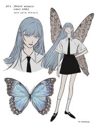 Rule 34 | 1girl, absurdres, animal, artist name, black footwear, black necktie, black skirt, blue eyes, blue hair, bug, butterfly, butterfly wings, closed eyes, commentary, floating hair, full body, hand on own hip, highres, ine (zx o4), insect, insect wings, long hair, looking at viewer, multiple views, necktie, original, personification, shirt, simple background, skirt, socks, standing, upper body, white background, white shirt, white socks, wings