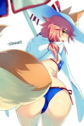 Rule 34 | 1girl, animal ear fluff, animal ears, ass, beach umbrella, bikini, blue bikini, blush, breasts, cleavage, echo (circa), fate/grand order, fate (series), fox ears, fox girl, fox tail, hat, large breasts, long hair, looking at viewer, looking back, open mouth, pink hair, sidelocks, solo, sun hat, swimsuit, tail, tamamo (fate), tamamo no mae (fate/extra), tamamo no mae (swimsuit lancer) (fate), tamamo no mae (swimsuit lancer) (second ascension) (fate), thighs, towel, towel around neck, umbrella, white hat, yellow eyes