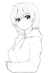 Rule 34 | 1girl, akino sora, breasts, closed mouth, commentary request, copyright request, greyscale, highres, hood, hood down, hoodie, long sleeves, looking at viewer, medium breasts, monochrome, sleeves past wrists, smile, solo, upper body, white background