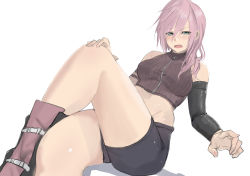 Rule 34 | 1girl, arm warmers, bad id, bad pixiv id, boots, final fantasy, final fantasy xiii, highres, crossed legs, lightning farron, looking at viewer, misaki nonaka, open mouth, pink hair, short shorts, shorts, simple background, sleeveless, solo