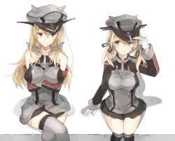 Rule 34 | 10s, 2girls, adjusting clothes, adjusting headwear, bismarck (kancolle), blonde hair, blue eyes, breasts, chibirisu, crossed arms, gloves, hat, kantai collection, large breasts, crossed legs, long hair, multiple girls, peaked cap, prinz eugen (kancolle), smile, thighhighs, twintails, uniform