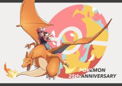 Rule 34 | 1boy, anniversary, badge, baseball cap, belt, black hair, black shirt, charizard, claws, closed mouth, commentary request, copyright name, creatures (company), fire, flame-tipped tail, game freak, gen 1 pokemon, hand up, hat, highres, holding, holding poke ball, jacket, male focus, nintendo, open clothes, open jacket, pants, poke ball, poke ball (basic), pokemon, pokemon (creature), pokemon rgby, red (pokemon), riding, riding pokemon, shirt, short hair, short sleeves, tokiwajing