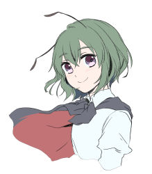 Rule 34 | 1girl, antennae, black cape, blush, cape, closed mouth, collared shirt, green hair, hair between eyes, highres, kuromame (8gou), looking at viewer, purple eyes, red cape, shirt, short hair, simple background, smile, solo, touhou, two-sided cape, two-sided fabric, upper body, wavy hair, white background, white shirt, wriggle nightbug