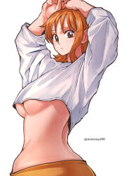 Rule 34 | 1girl, alternate costume, aosora2823, arms up, blush, breasts, commentary, cropped shirt, highres, looking at viewer, looking back, median furrow, medium breasts, nami (one piece), one piece, orange hair, shirt, simple background, solo, symbol-only commentary, twisted torso, twitter username, underboob, white background, white shirt