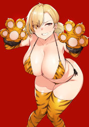 Rule 34 | 1girl, 2022, animal hands, animal print, bikini, blonde hair, chinese zodiac, claw pose, dated, gloves, grin, hands up, low twintails, original, paw gloves, red background, red eyes, side-tie bikini bottom, simple background, smile, solo, standing, swimsuit, thighhighs, tiger print, twintails, wakamesan, year of the tiger, yellow bikini, yellow thighhighs