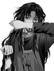 Rule 34 | 1boy, apron, biting hand, blood, blood on clothes, blood on face, blood on hands, clenched hands, collar, commentary, covered mouth, greyscale, hand up, highres, kimi ga shine, long hair, long sleeves, looking at viewer, male focus, monochrome, parted bangs, pipoabubu, ringed eyes, satou kai, shirt, simple background, solo, suicide, sweatdrop, upper body, white background