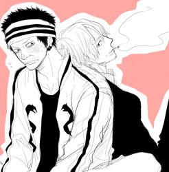 Rule 34 | 2boys, aya (6335), back-to-back, color background, east blue, gin (one piece), headband, male focus, multiple boys, one piece, sanji (one piece), smoking