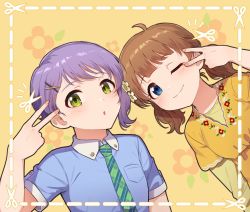 Rule 34 | 2girls, :o, ahoge, asymmetrical bangs, blue eyes, blue shirt, brown hair, checkered necktie, commentary, dot nose, dress, english commentary, eyebrows, flat chest, floral background, floral print, flower, green necktie, hair flower, hair ornament, hairclip, hand up, idolmaster, idolmaster million live!, idolmaster million live! theater days, kamille (vcx68), light blush, looking at viewer, low twintails, makabe mizuki, multiple girls, necktie, official alternate hairstyle, one eye closed, orange background, print dress, purple hair, scissors, shirt, short hair, short sleeves, short twintails, smile, suou momoko, twintails, upper body, v, wing collar, yellow dress, yellow eyes
