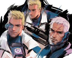 Rule 34 | 1boy, age progression, armor, blonde hair, blue eyes, chest armor, closed mouth, dopey (dopq), jacket, male focus, official alternate costume, overwatch, overwatch 1, scar, scar on face, scar on mouth, scouter, short hair, smile, soldier: 76 (overwatch), solo, spiked hair, strike commander morrison, upper body, white hair, white jacket