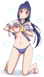 Rule 34 | 1girl, barefoot, bikini, bikini bottom only, blue hair, blush, bracelet, clothes lift, commentary request, detached sleeves, earrings, feet, frilled sleeves, frills, head tilt, heart, heart-shaped boob challenge, heart hands, highres, jewelry, kneeling, long hair, looking at viewer, love live!, love live! school idol festival, love live! sunshine!!, matsuura kanan, nail polish, navel, neckerchief, no bra, pink nails, ponytail, purple eyes, sailor collar, shirt lift, short sleeves, simple background, smile, solo, striped bikini, striped bikini bottom, striped clothes, swimsuit, tie clip, toes, white background, yellow neckerchief, yopparai oni