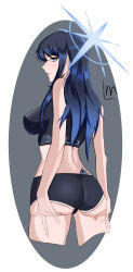 Rule 34 | 1girl, absurdres, ass, ass support, back tattoo, bare arms, bare shoulders, black shirt, black shorts, blue archive, blue eyes, blue hair, breasts, commentary request, crop top, cropped legs, highres, korean commentary, large breasts, long hair, looking at viewer, midriff, no headwear, saori (blue archive), seogseogi (lm), shirt, short shorts, shorts, sleeveless, sleeveless shirt, smile, solo, standing, tattoo, thighs, tramp stamp, underbutt, white background