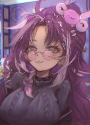 Rule 34 | 1girl, :3, absurdres, ahoge, black shirt, earrings, fang, glasses, highres, jared (michi mochievee), jewelry, long hair, looking at viewer, michi mochievee, multicolored hair, purple hair, shirt, skin fang, smile, stitched face, stitches, streaked hair, stud earrings, taku artworks, virtual youtuber, vshojo, white hair