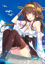 Rule 34 | 10s, 1girl, ahoge, bird, boots, brown eyes, brown hair, brown thighhighs, cloud, day, detached sleeves, double bun, hair bun, hairband, kantai collection, kongou (kancolle), lens flare, long hair, nontraditional miko, open mouth, panties, pantyshot, seagull, sitting, sky, soaking feet, solo, striped clothes, striped panties, takanashi haruto, thigh boots, thighhighs, underwear, water