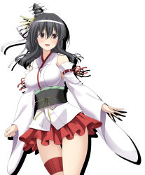 Rule 34 | 1girl, black hair, breasts, brown eyes, clenched hand, commentary request, detached sleeves, hair between eyes, hair ornament, highres, kantai collection, large breasts, long hair, looking at viewer, nontraditional miko, obi, open mouth, rappa (rappaya), sash, sidelocks, smile, solo, tasuki, thigh strap, upper body, white background, wide sleeves, yamashiro (kancolle), yamashiro kai ni (kancolle)