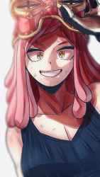 Rule 34 | 1girl, absurdres, boku no hero academia, breasts, cleavage, crosshair pupils, gloves, goggles, goggles on head, hand up, hatsume mei, highres, kamiyama sumu, looking at viewer, pink hair, simple background, sleeveless, smile, solo, symbol-shaped pupils, upper body, white background, yellow eyes