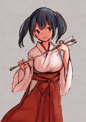 Rule 34 | 1girl, absurdres, alternate costume, arrow (projectile), blue hair, cowboy shot, facing viewer, grey background, grey eyes, hair ribbon, hamaya, highres, holding, japanese clothes, kantai collection, miko, ribbon, sideways glance, simple background, solo, souryuu (kancolle), standing, twintails, wss (nicoseiga19993411)
