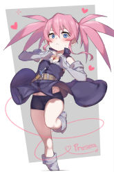 Rule 34 | 1girl, atte nanakusa, belt, bike shorts, blue eyes, blush, boots, character name, expressionless, gloves, grey background, heart, heart hands, highres, knife, long hair, pink hair, presea combatir, solo, sweat, tales of (series), tales of symphonia, twintails, white background