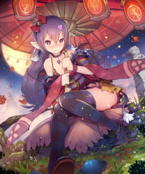 Rule 34 | 1girl, autumn leaves, bare shoulders, bow, breasts, brown eyes, choker, cleavage, earrings, full moon, hair bow, hair ornament, heart, heart hair ornament, jewelry, long hair, moon, original, pointy ears, purple hair, revision, sitting, small breasts, solo, striped clothes, striped thighhighs, teddy (khanshin), thighhighs, umbrella