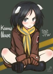 Rule 34 | 10s, 1girl, animal ears, bandaid, bandaid on face, black hair, blue eyes, blush, boots, brave witches, bun&#039;ya (0874cirno141), bun-ya (0874cirno141), character name, dated, dog ears, gloves, green background, indian style, kanno naoe, knee blush, military, military uniform, open mouth, scarf, short hair, simple background, sitting, solo, strike witches, uniform, world witches series