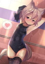 Rule 34 | 1girl, absurdres, animal ear fluff, animal ears, arms behind head, bathtub, black one-piece swimsuit, black thighhighs, blush, competition school swimsuit, cowboy shot, hair between eyes, heart, highres, hotel01, light brown hair, looking at viewer, lotion, medium hair, new school swimsuit, one-piece swimsuit, original, pink eyes, school swimsuit, showering, solo, spoken heart, standing, swimsuit, tail, thighhighs, thighs, water, wet